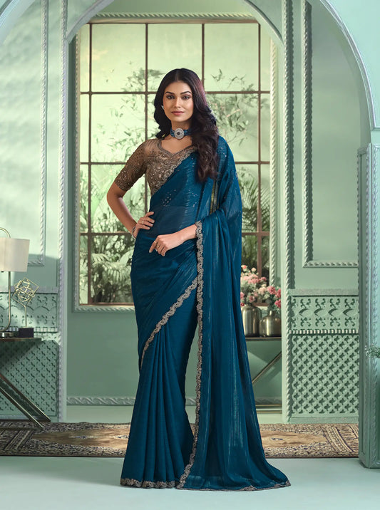 Teal Blue Rainbow Georgette Party Wear Saree With Sequence & Thread Embroidery Work