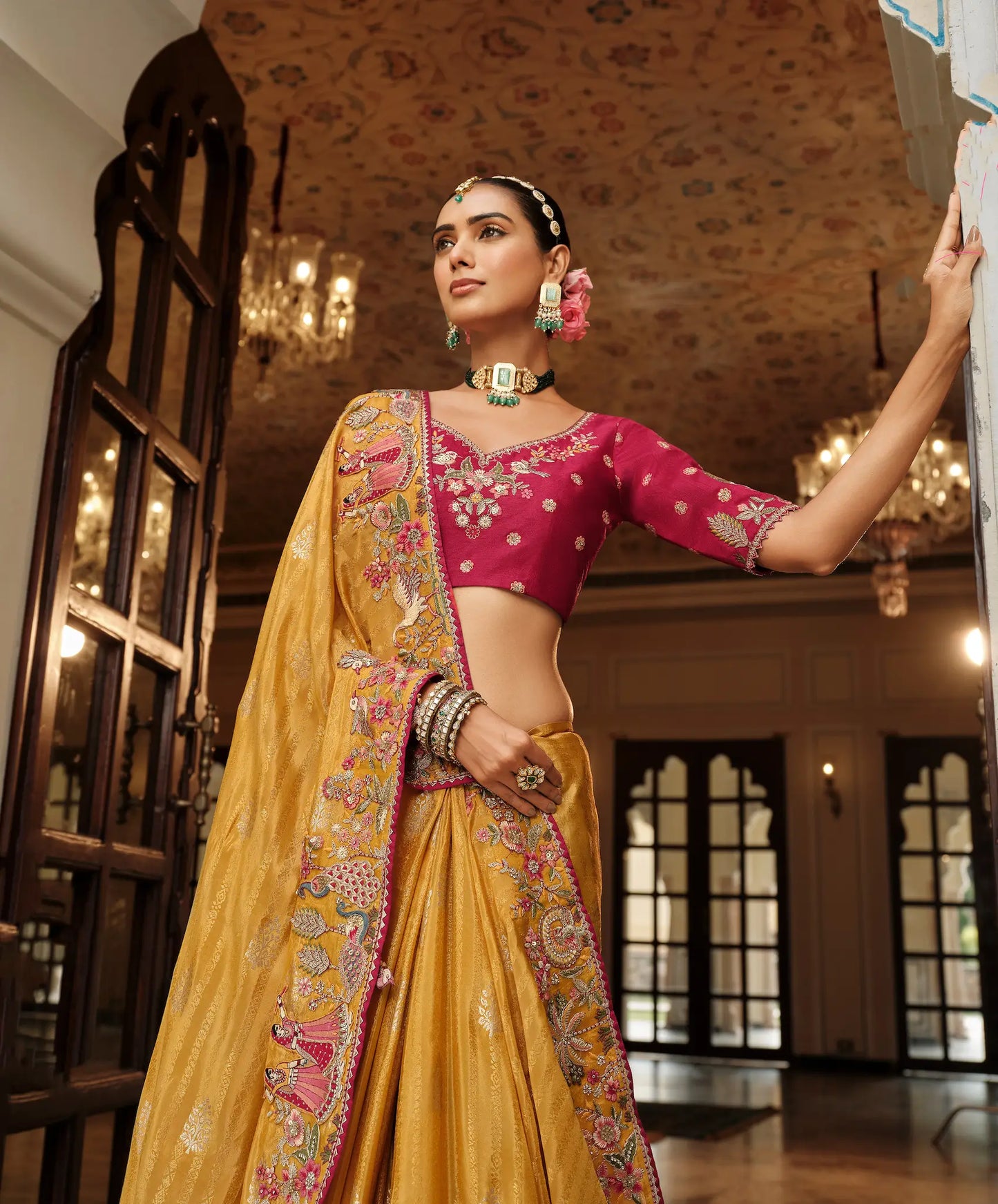 Golden Yellow Jacquard Silk Embroidery & Hand Work Saree