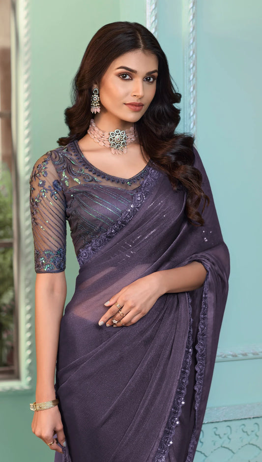 Dusty Purple Crystal Georgette Party Wear Saree With Sequence & Thread Embroidery Work