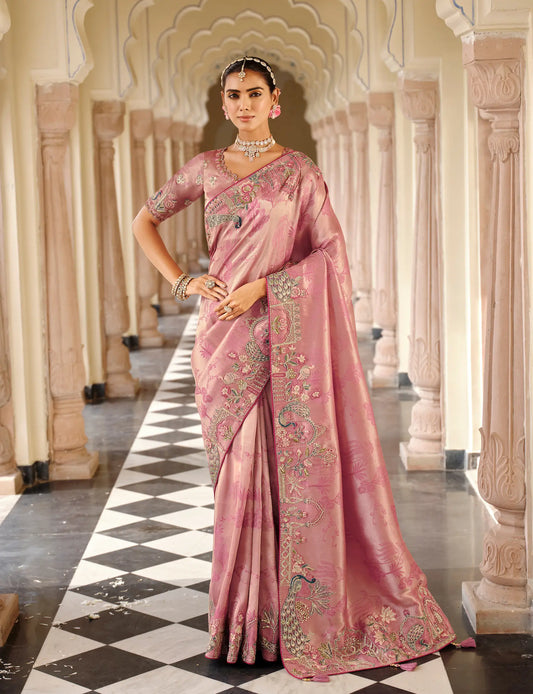 Dusty Pink Jacquard Silk Embroidery & Hand Work Saree