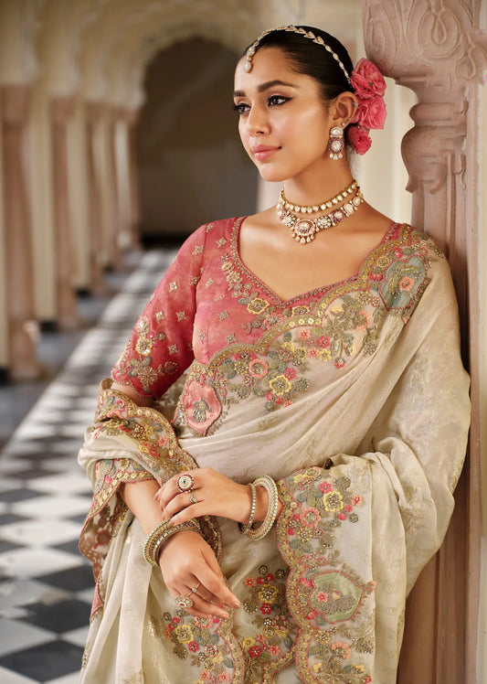 Vanilla White Jacquard Silk Embroidery & Hand Work Saree