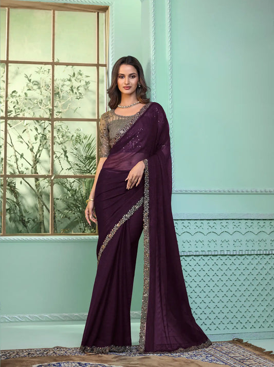Wine Chiffon Party Wear Saree With Sequence & Thread Embroidery Work