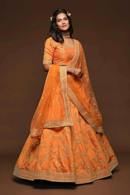 Neon Silk Lehenga Choli With Thread Zari Dori And Sequins Embroidery Work