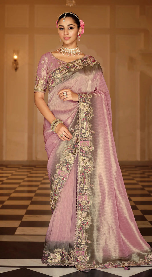 Old Pink Jacquard Silk Embroidery & Hand Work Saree