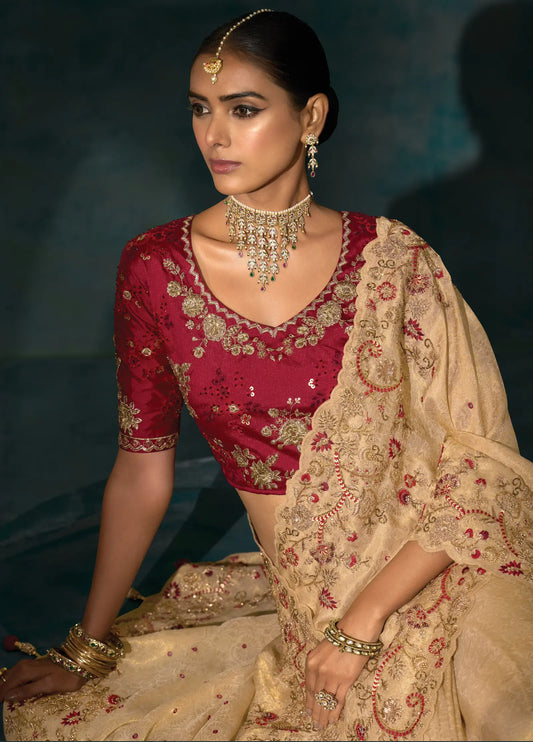 Dark Beige Heavy Embroidery & Hand Work Silk Saree