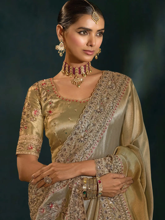 Shaded Olive Grey Heavy Embroidery & Hand Work Silk Saree