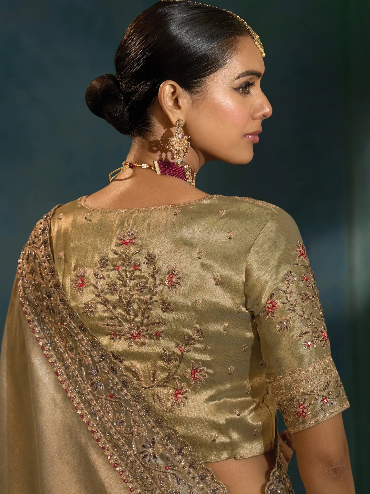 Shaded Olive Grey Heavy Embroidery & Hand Work Silk Saree