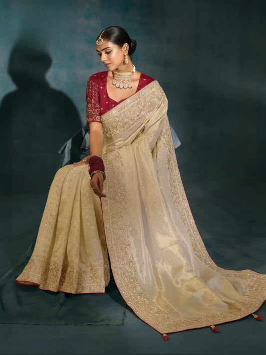 Beige Heavy Embroidery & Hand Work Silk Saree