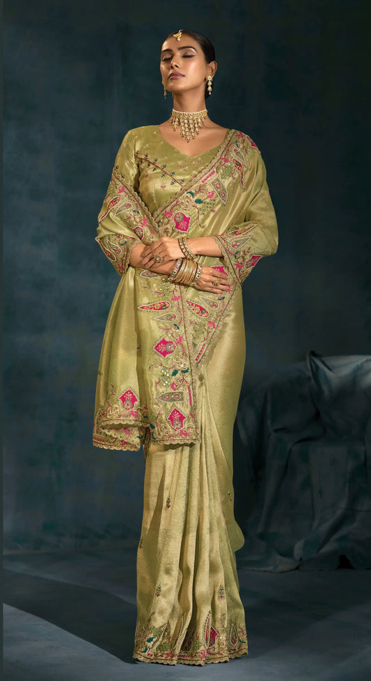 Parrot Green Heavy Embroidery & Hand Work Silk Saree