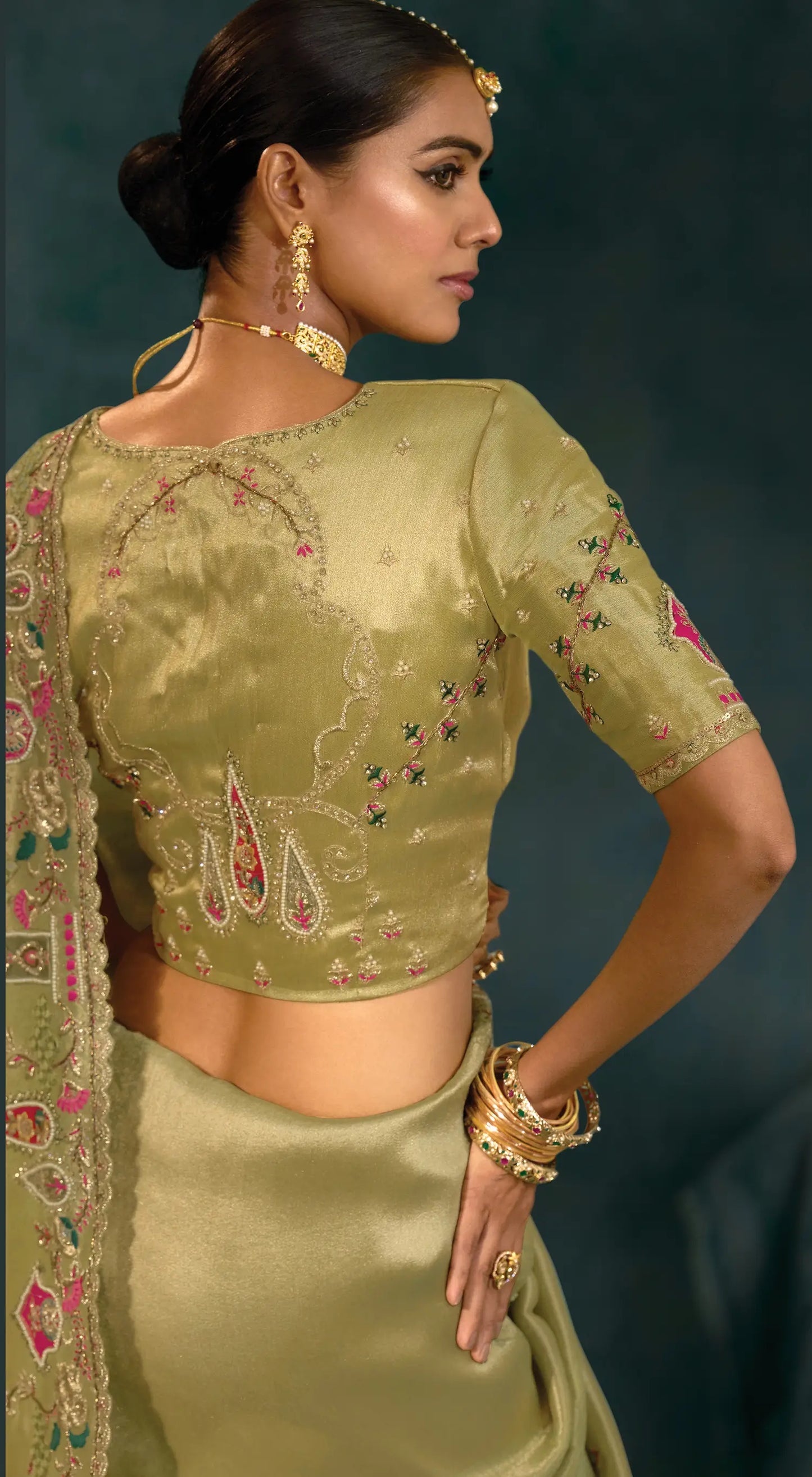 Parrot Green Heavy Embroidery & Hand Work Silk Saree