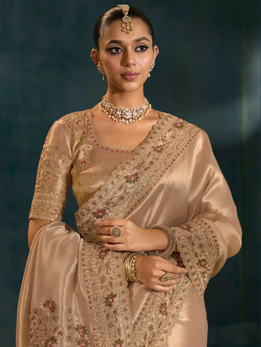 Golden Heavy Embroidery & Hand Work Silk Saree