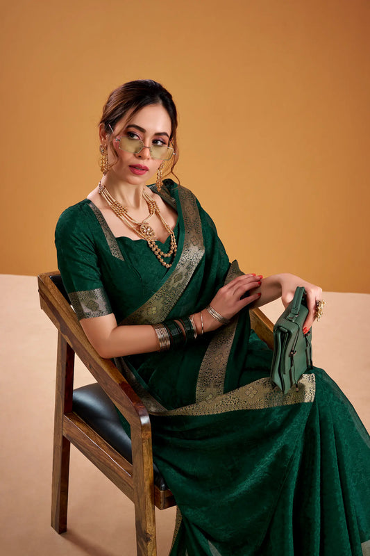 Dark Green Poly Shimmer Zari Weaving Saree