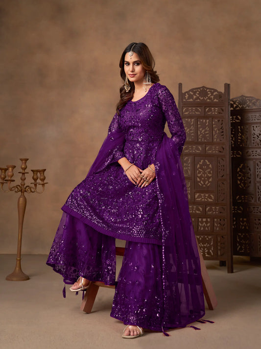 Purple Net Embroidery Work Sharara Set
