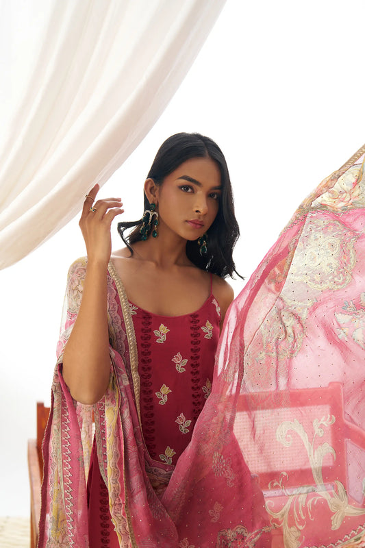 Dull Red Fancy Embroidered Work Organza Salwar Suit With Dupatta