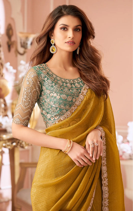 Honey Yellow Sunshine Georgette Thread & Sequins Embroidery Work Saree