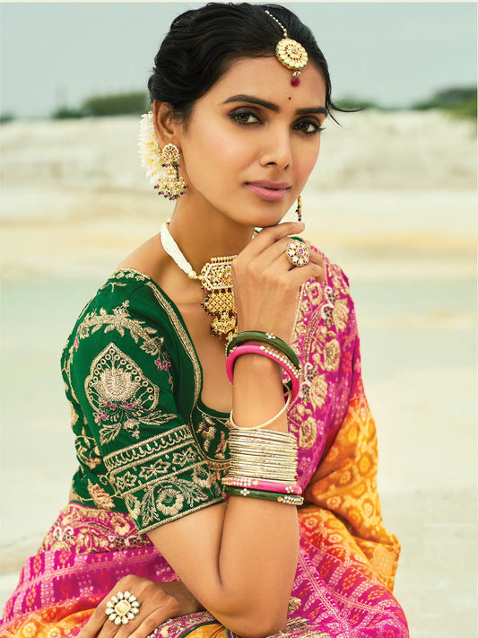 Mustard-Rani Pink Georgette Heavy Embroidered Bandhej Saree