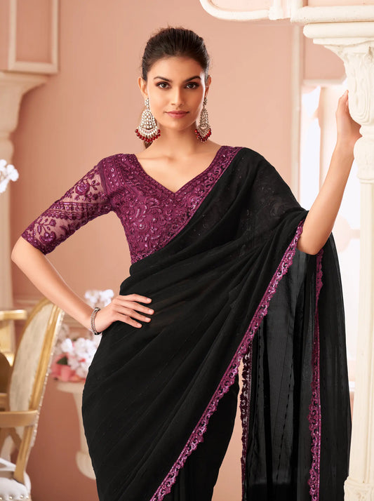 Black Pattern Georgette Thread & Sequins Embroidery Work Saree