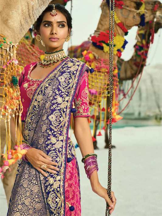 Purple-Pink-Orange Georgette Heavy Embroidered Bandhej Saree