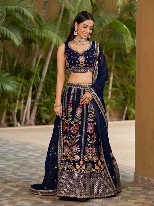 Navy Blue Georgette Lehenga With Multi Color Thread Zari Dori And Sequins Embroidery Work