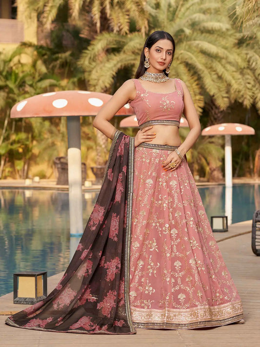 Dusty Pink Brown Georgette Lehenga With Thread Zari Dori Sequins Embroidery Work With Digital print