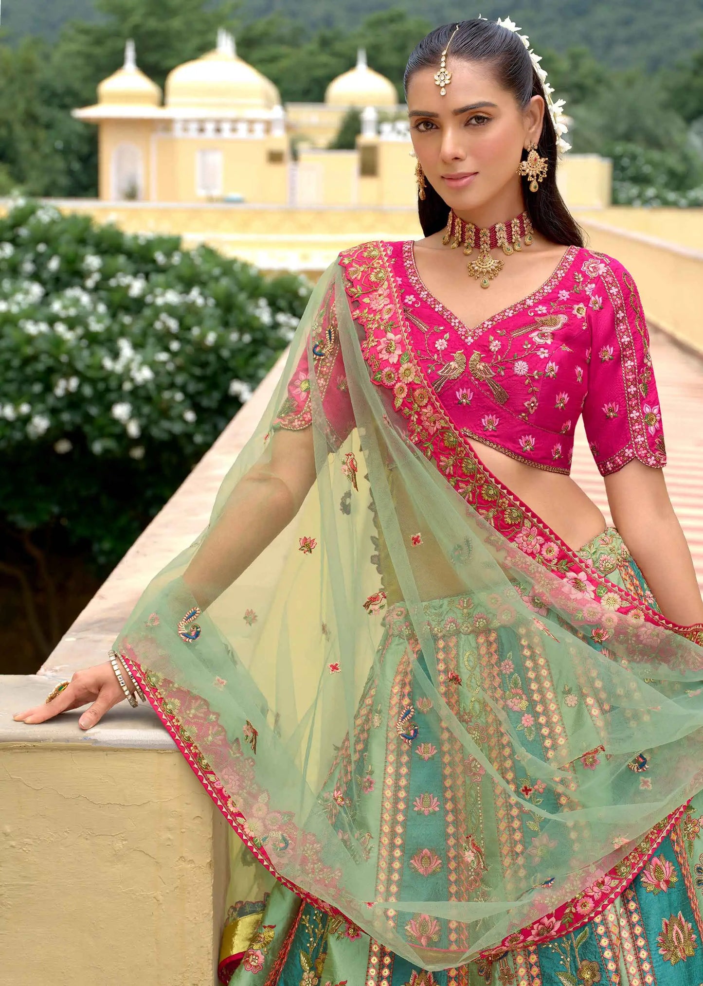 Pink Blue Heavy Embroidery Sequins Work Lehenga