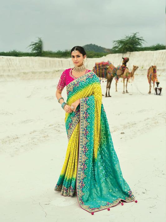 Yellow-Teal Blue Georgette Heavy Embroidered Bandhej Saree