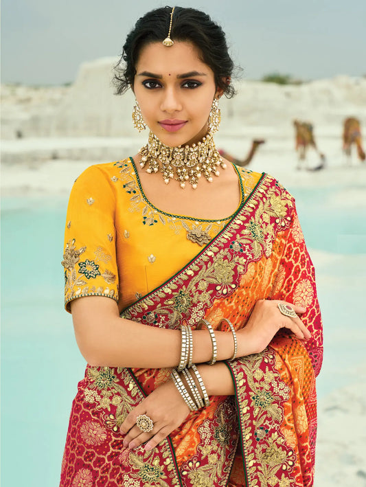 Red-Mustard-Orange Georgette Heavy Embroidered Bandhej Saree