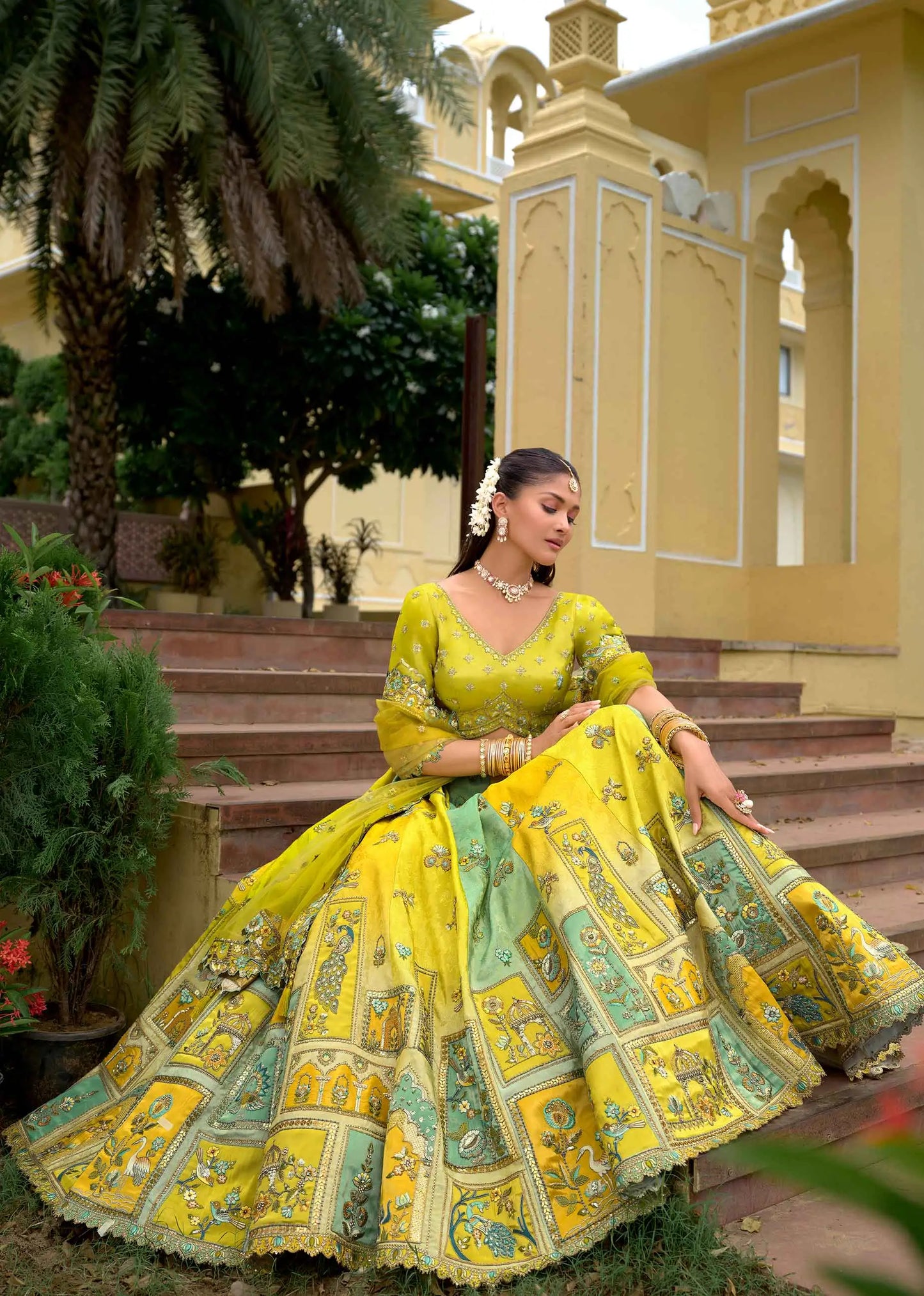 Pastel Olive Designer Embroidery Work Lehenga