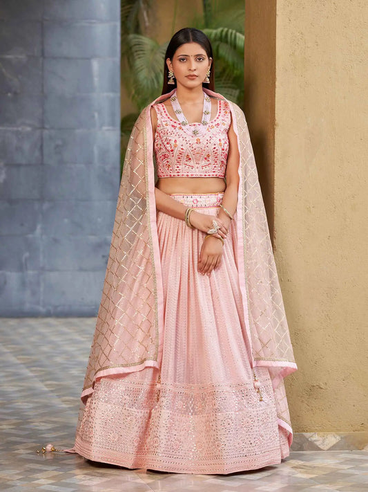Light Pink Georgette Lehenga With Multi Color Thread And Sequins Zari Embroidery With Real Mirror Work