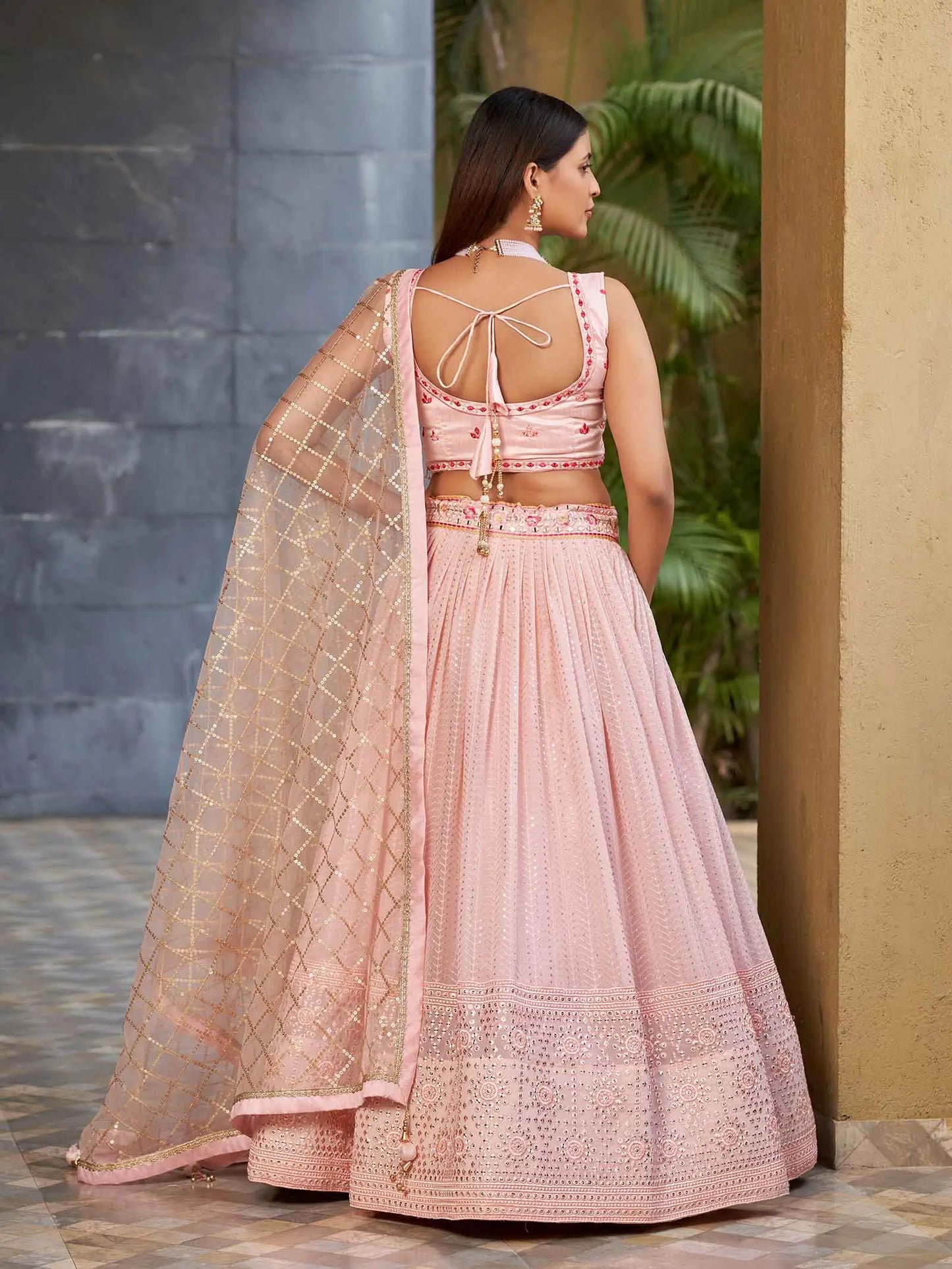 Light Pink Georgette Lehenga With Multi Color Thread And Sequins Zari Embroidery With Real Mirror Work