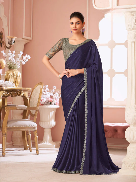 Dark Wine Pattern Georgette Thread & Sequins Embroidery Work Saree