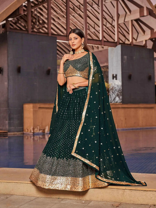 Green Georgette Lehenga With Multiple Sequins And Thread Embroidery Work