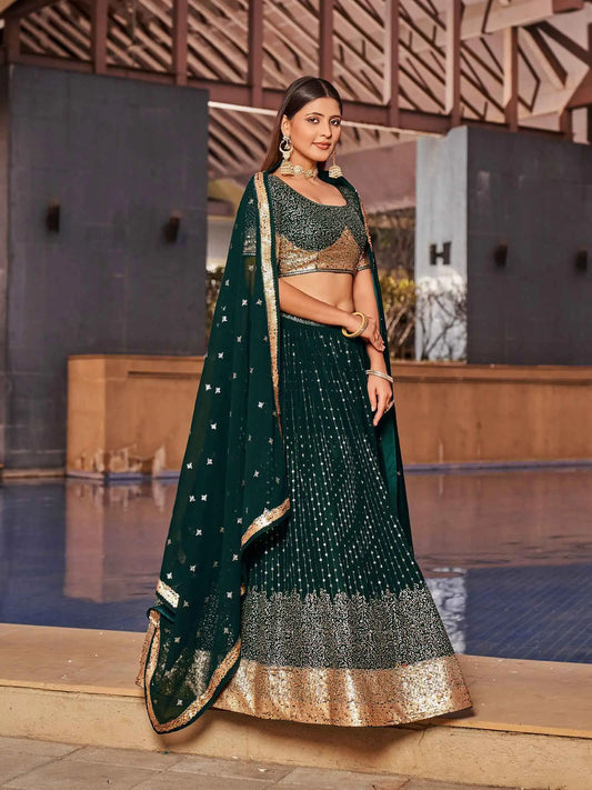 Green Georgette Lehenga With Multiple Sequins And Thread Embroidery Work