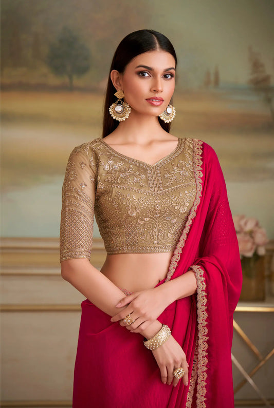 Cherry Red Shining Georgette Embroidery Saree