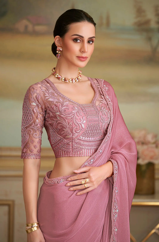 Onion Pink Sparkle Georgette Embroidery Saree