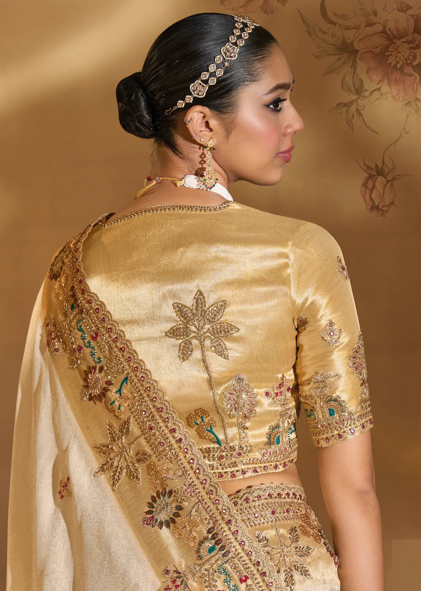 Almond Beige Silk Heavy Embroidery & Hand Work Saree