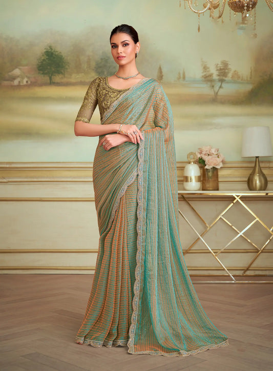 Golden Teal Pattern Georgette Embroidery Saree