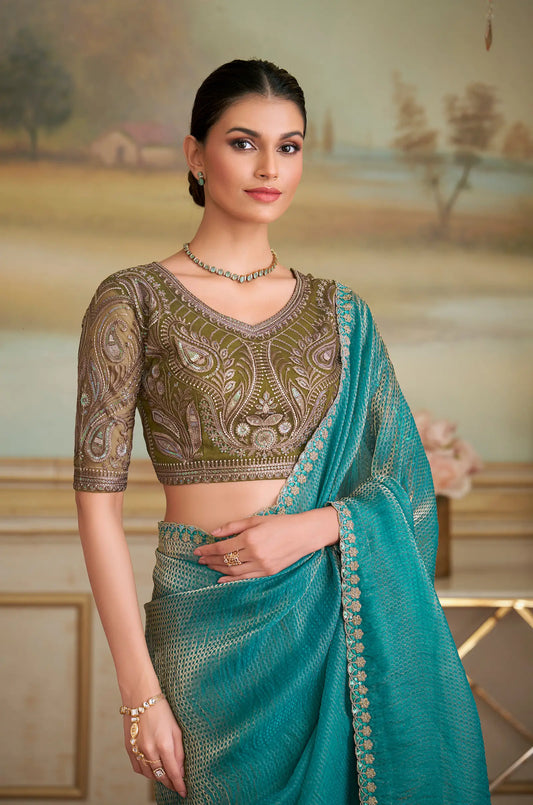 Teal Blue Checks Georgette Embroidery Saree