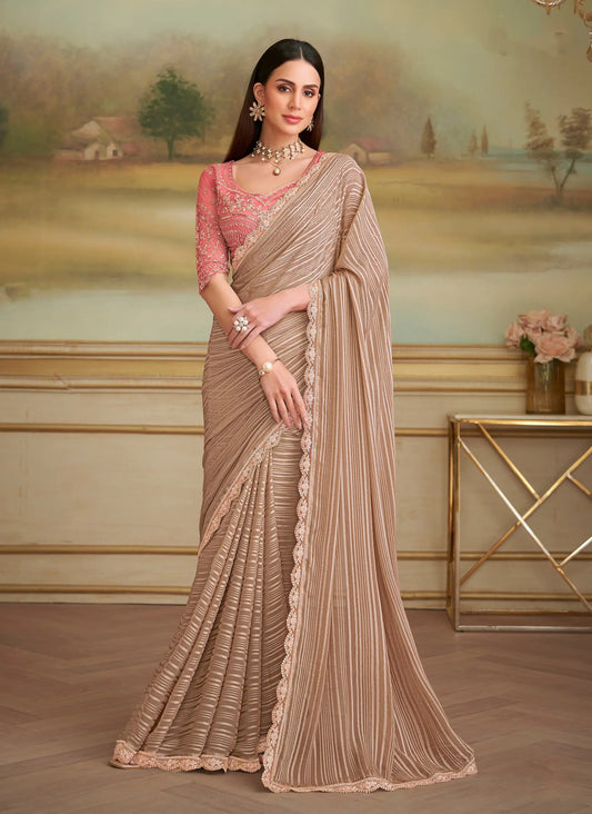 Dark Beige Pattern Georgette Embroidery Saree
