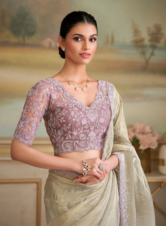 Golden Beige Tissue Georgette Embroidery Saree