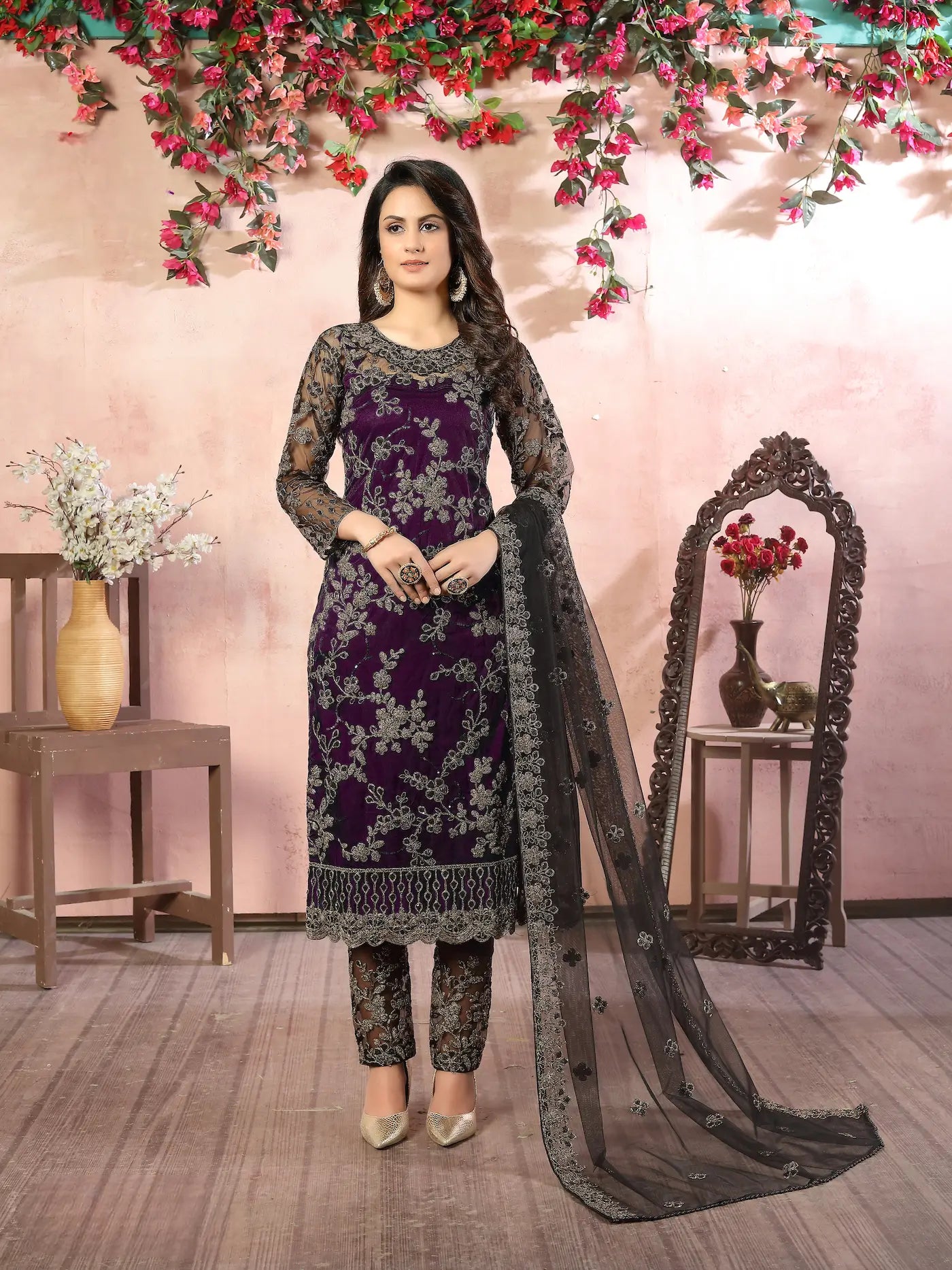 Wine Net Thread & Sequence Embroidery Work Salwar Suit