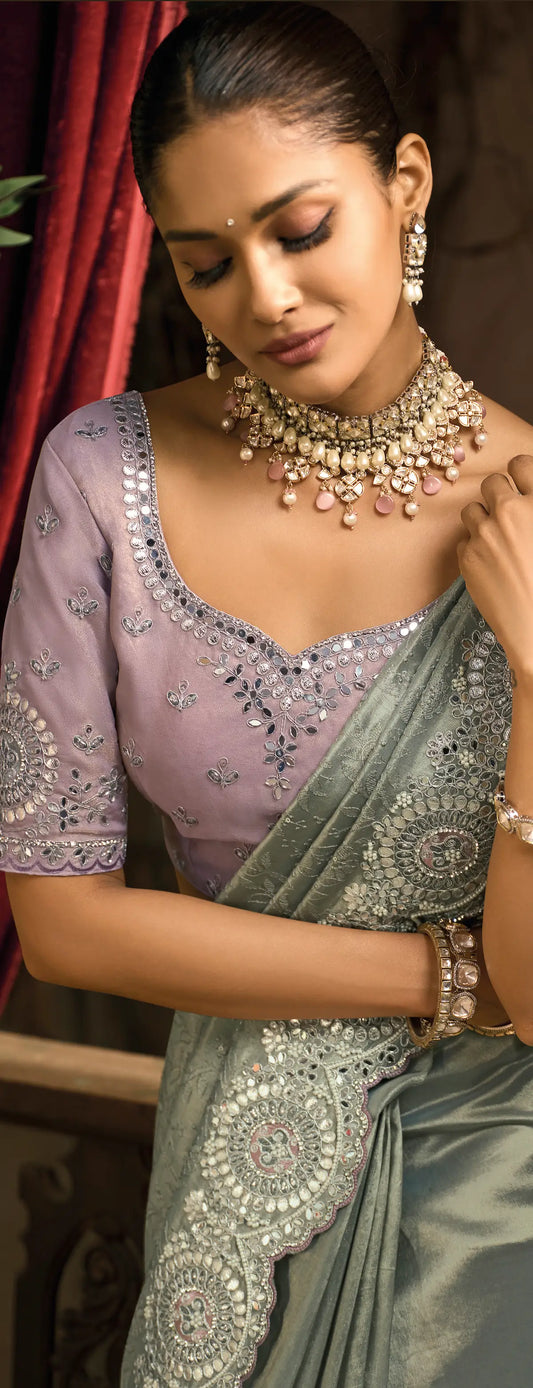 Smoky Grey Silk Heavy Embroidery Saree
