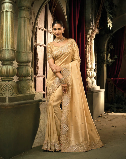 Dark Beige Silk Heavy Embroidery Saree