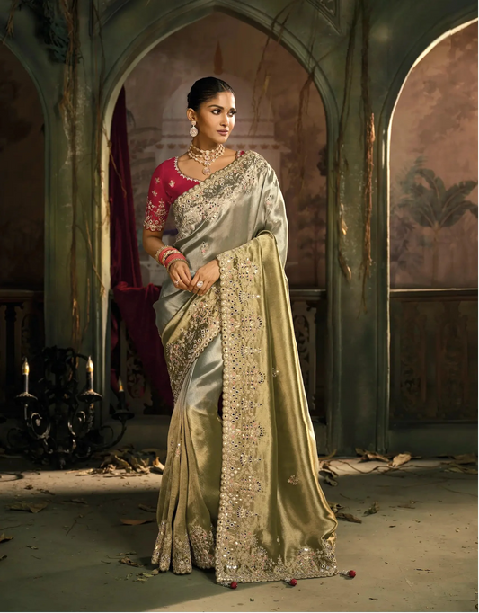 Olive Grey Silk Heavy Embroidery Saree