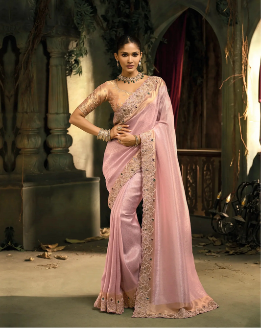 Rose Pink Silk Heavy Embroidery Saree