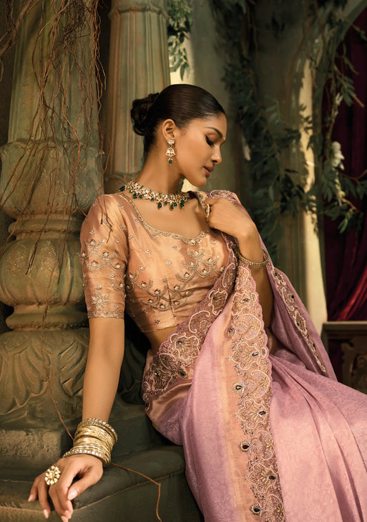 Rose Pink Silk Heavy Embroidery Saree