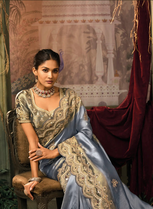 Slate Blue Silk Heavy Embroidery Saree
