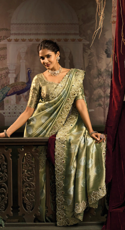Olive Green Silk Heavy Embroidery Saree