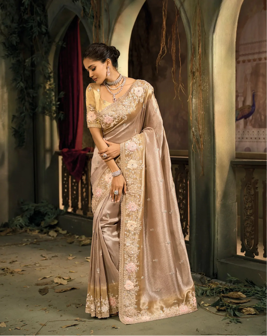 Champagne Gold Silk Heavy Embroidery Saree