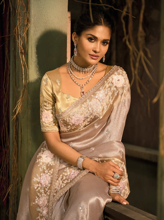 Champagne Gold Silk Heavy Embroidery Saree